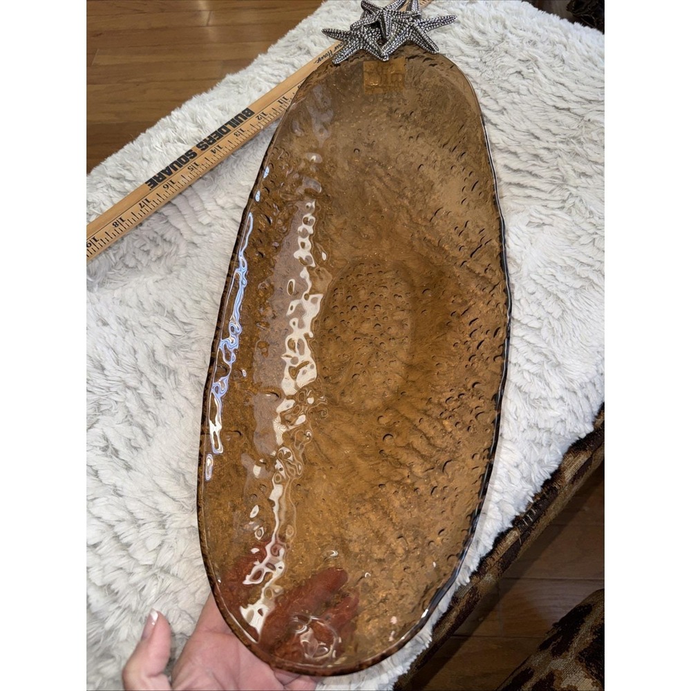 Mud Pie Starfish Amber Glass Oval Serving Tray Plate Platter 19"x8" NWT 2010
